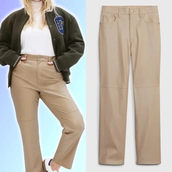 NWT GAP Cheeky Straight High Rise Vegan Leather Pant 33 / 16R Cobblestone Beige - Picture 1 of 10